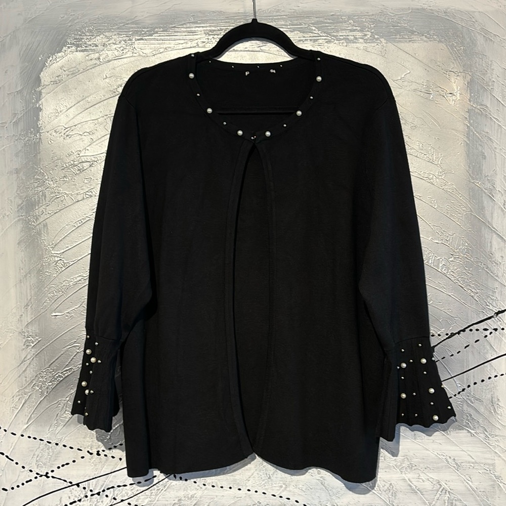 Alison Sheri Pearl & Stud Bell Sleeve Open Front Cardigan Size L Black